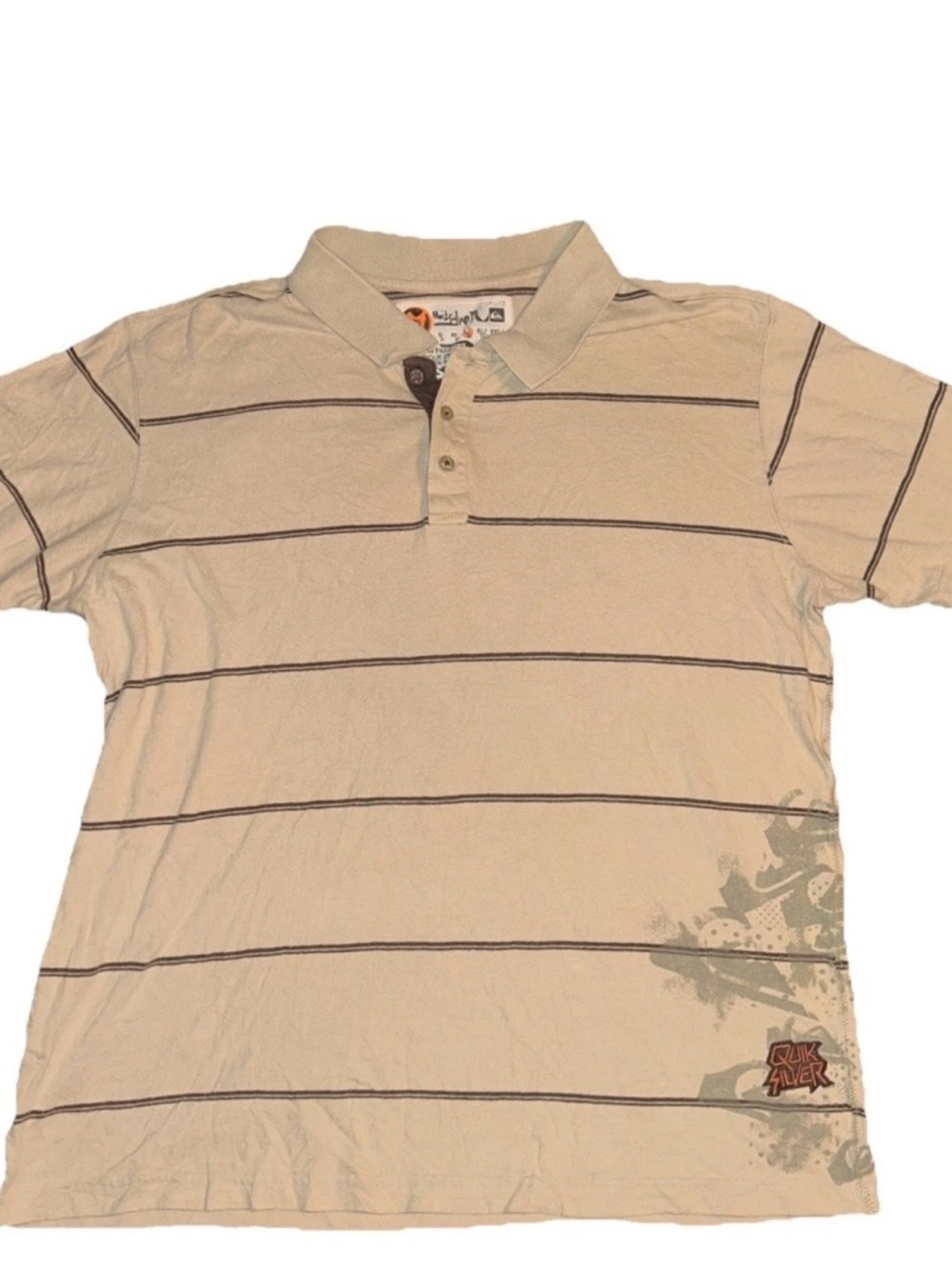 Quicksilver Men’s Polo shirt Size Large Stripe Y2K Vintage Grunge Tan Beige